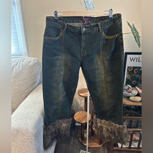 Platinum Plush Fur trim size 15 Y2K Embellished Cropped Jeans with Fur Trim